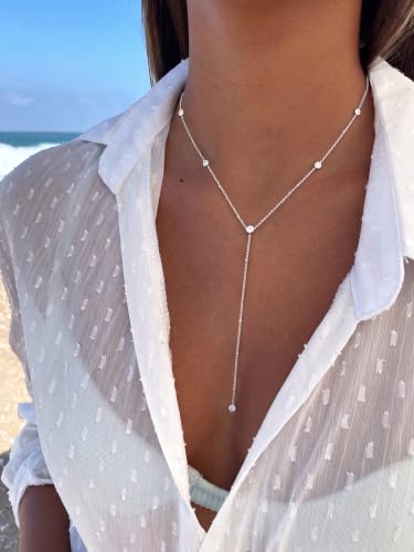 Tewiky Dainty Diamond Lariat Necklace for Women, Long Y Necklace | 14K Gold/Sterling Silver Plated Non Tarnish Necklace, Waterproof Drop Chain for Prom Wedding,Beach Summer Body Chian,Jewelry - color: Silver