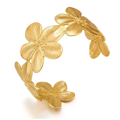 WOWORAMA Gold Shell Cuff Bracelets for Women | Trendy Boho Ocean Seashell Bangles, Adjustable Open Cuff Bracelet, Vintage Summer Beach Jewelry - color: Flower Cuff