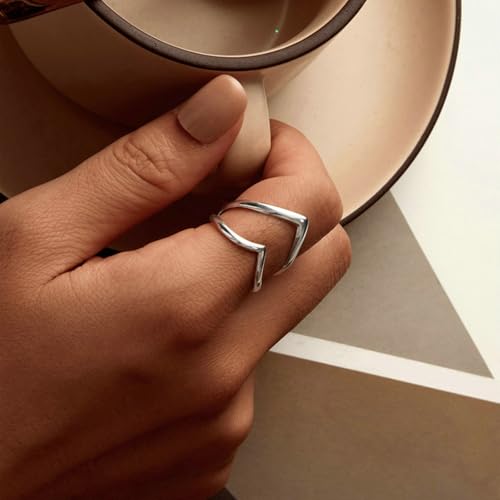 Silver Open Adjustable Stacking Rings for Women, Minimalist Wrap Band Set, Geometric/Heart/Wave/Leaf/Spiral Styles, Hypoallergenic, Gift Box Included, Thumb Ring Option - color: V-shaped Heart