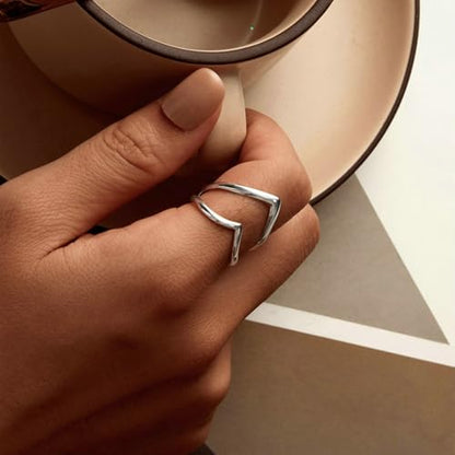 Silver Open Adjustable Stacking Rings for Women, Minimalist Wrap Band Set, Geometric/Heart/Wave/Leaf/Spiral Styles, Hypoallergenic, Gift Box Included, Thumb Ring Option - color: V-shaped Heart
