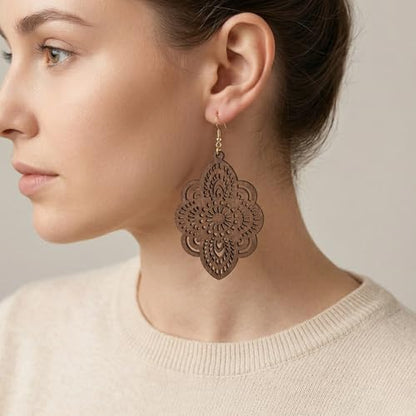 Boho Black Filigree Dangle Earrings for Women, Lightweight Hollow Lace Drop, Wood, 3.34" x 1.69", Bohemian Jewelry - color: Brown