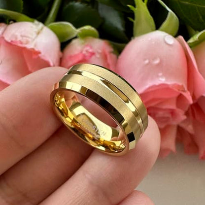 TUTISS 6mm 8mm Silver/Black/Blue/Gunmetal/Gold/Rose Gold Tungsten Rings for Men Women Fashion Engagement Wedding Bands Matte Finish Beveled Edges Comfort Fit - color: 8mm Gold Tungsten