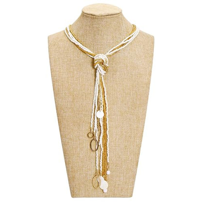 Coiris Long Seed Beaded Multi Strand Necklace,10 Multiple Statement Long Bib Necklace with Tie Knot for Women and Girls Jewelry - color: Natural