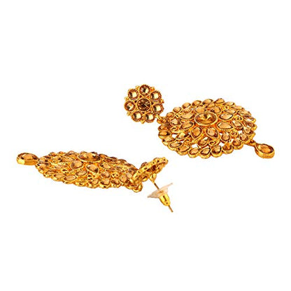 Aheli Elegant Indian Faux Kundan Studded Choker Necklace with Maang Tikka Set Ethnic Wedding Wear Bharatanatyam jewellery set Gift for Women - color: Gold 1