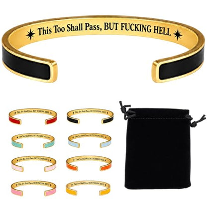 This Too Shall Pass Mantra Cuff Bracelet, BUT FUCKING HELL Engarved Hidden Message Code Motivational Bangle Inspirational Jewelry Encouragement Gifts for Women - color: Black Gold