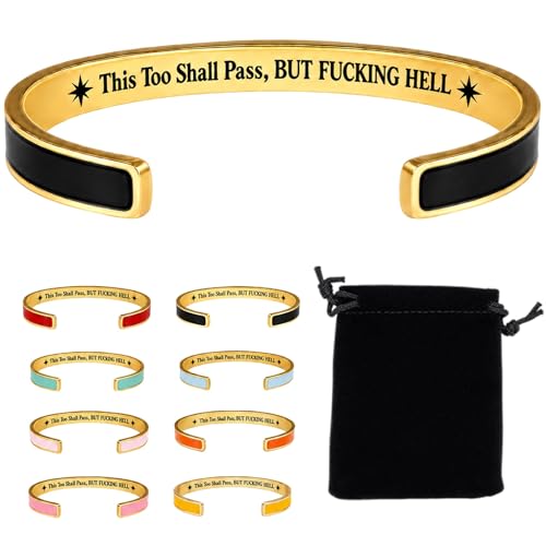 This Too Shall Pass Mantra Cuff Bracelet, BUT FUCKING HELL Engarved Hidden Message Code Motivational Bangle Inspirational Jewelry Encouragement Gifts for Women - color: Black Gold