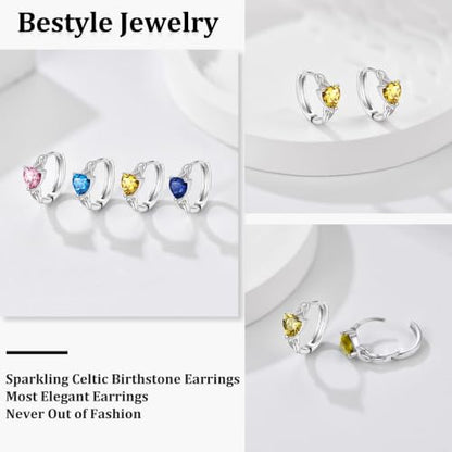 Bestyle 925 Sterling Silver Huggie Hoop Earrings Small Birthstone Hoop Earrings for Women Hypoallergenic Silver Huggie Earring,Great Birthday Earrings Gift for Daughter Wife Mom - color: 11-Yellow Topaz-Hoop