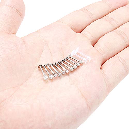 16G Stainless Steel Labret Studs Monroe Lip Rings Retainer Cartilage Tragus Nail Conch Helix Earring Barbell Piercing Jewelry with Clear Diamond CZ for Women Men - color: 12Pcs-8mm-silvertone