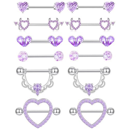 TIANCI FBYJS 6 Pairs Nipple Rings Stainless Steel Heart Butterfly Moon Flower CZ Stud Barbell Tongue Rings Set Cute Nipplerings Piercing Jewelry for Women Pink Tone - color: purple