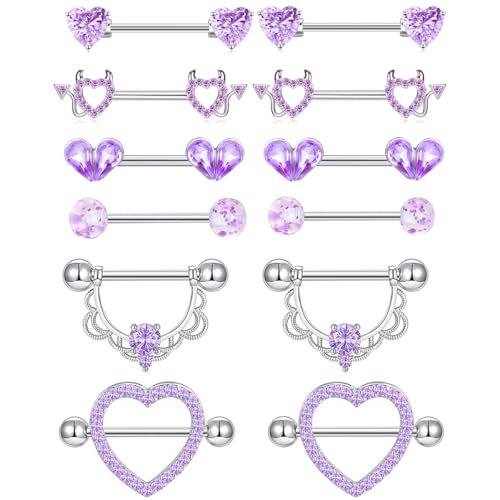 TIANCI FBYJS 6 Pairs Nipple Rings Stainless Steel Heart Butterfly Moon Flower CZ Stud Barbell Tongue Rings Set Cute Nipplerings Piercing Jewelry for Women Pink Tone - color: purple