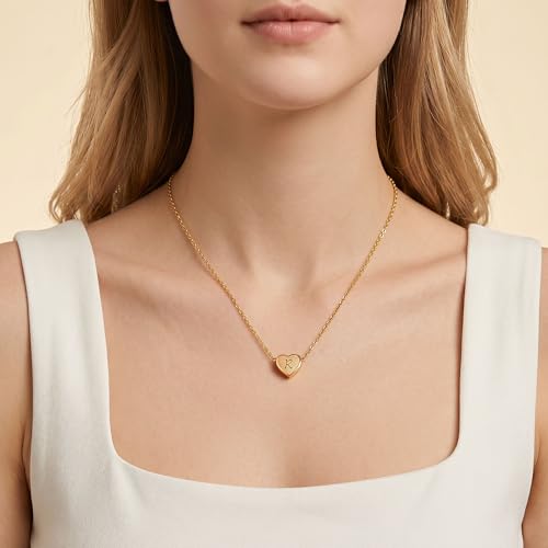 18k Gold Plated Heart Pendant Letter Necklaces for Girls Stainless Steel Initial Necklace for Women Birthday Gifts for Girls Women - color: Brushed Gold, style: Letter R