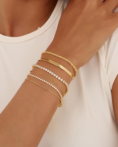 Gold Bracelets for Women 14K Gold Plated Stack Trend Bracelets Charm Paperclip Chain Cuban Link Layered Waterproof Bracelet Dainty Bracelet for Women Jewelry Gifts - color: 6Pcs Gold