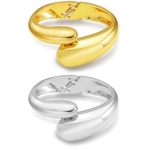 RechicGu 2pcs Golden Color Plated Cuff Waterdrop Teardrop Bangle Bracelet for Women Gift,Chunky Twisted Hinge irregular Minimalist Wide Thick Golden Open Oval Wrist Bracelet Jewelry Set - color: Wide Golden and Silver
