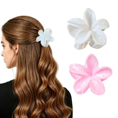 2 Pack Flower Hair Claw Clips for Women Hawaiian Plumeria Claw Clip (Solid) | Strong Hold Nonslip Large Hair Clip for Beach Holiday Thick Thin Hair Accessories - color: Solid