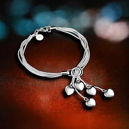 925 Sterling Silver Multi-Strand Five Heart Charm Bracelet, 5 Dangling Hearts, Silver