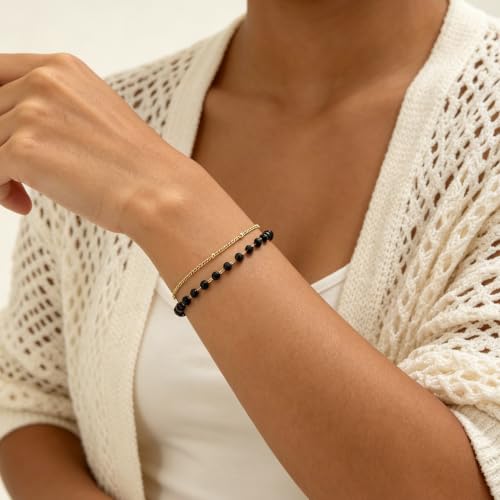 Gold Bracelets for Women Dainty 14K Gold Plated Layered Chain Bracelets Turquoise Green Aventurine Crystal Beaded Bracelets for Women - color: Black Beades