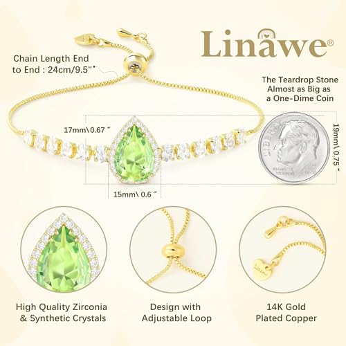 Linawe Crystal Imitation Diamond Rhinestone Charm Bracelets for Women, Gold/Silver/Rose Gold Adjustable Chain Bracelet, Teardrop Birthstone Cubic Zirconia Prom Costume Wedding Jewelry - color: Gold,August