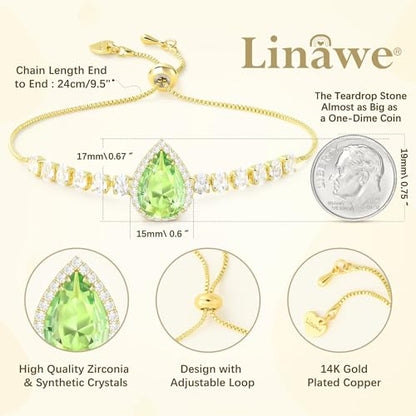 Linawe Crystal Imitation Diamond Rhinestone Charm Bracelets for Women, Gold/Silver/Rose Gold Adjustable Chain Bracelet, Teardrop Birthstone Cubic Zirconia Prom Costume Wedding Jewelry - color: Gold,August