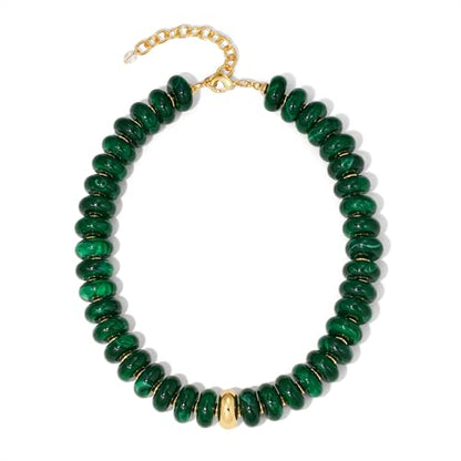 Chunky Beaded Necklace for Women Boho Statement Bead Necklace Adjustable Choker with Polished Disc/Square Beads Trendy Summer Beach Jewelry Gifts - color: Dark Green