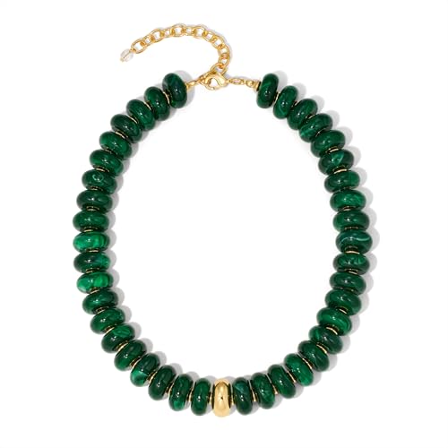 Chunky Beaded Necklace for Women Boho Statement Bead Necklace Adjustable Choker with Polished Disc/Square Beads Trendy Summer Beach Jewelry Gifts - color: Dark Green