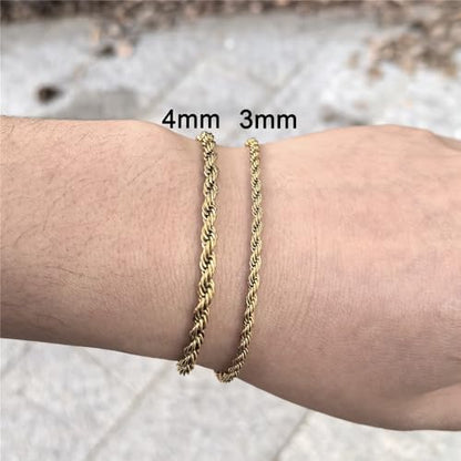 kelistom 18K Gold Silver Tone Rope Link Chain Bracelet for Women Men, 3mm 4mm Braided Rope Chain Bracelets, 7” 7.5” 8.3”, - size: 7.0", style: 3mm-gold