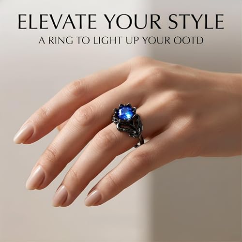 Cubic Zirconia Rings For Women, Gothic Ring Black Flower Crystal Stackable Trendy Floral Eternity Travel Engagement Statement Wedding Birthday Jewelry Gift - color: Goth Black Blue