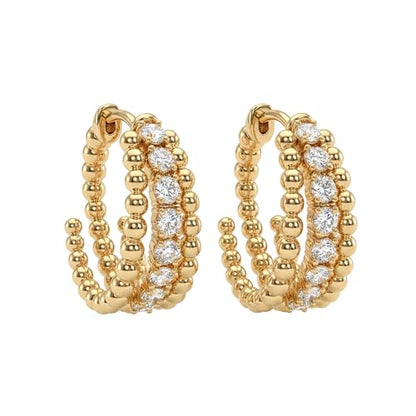 MEVECCO Chunky Huggie Hoop Earrings for Women Starburst Beaded Styles | 18K Gold Plated Brass, Triple Or Single Cubic Zirconia Star Details, Graduated Rounded Profile, Front Stone Row - style: Slit Bead
