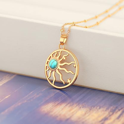 Aobei Pearl 18K Gold Plated Pendant Necklace for Women Dainty Gold Chain Choker Love Heart Disc Coin Pearl Cross Toggle Jewelry - style: Green-blue Turquoise Sun