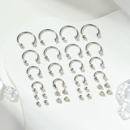 16G Septum Nose Rings Stainless Steel Hinged Seamless Nose Hoop Ring Horseshoe Piercing Jewelry Captive Bead Ring Helix Daith Tragus Cartilage Earrings for Women Men - style: style1-silver