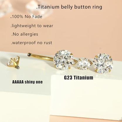 TIANCI FBYJS 3pcs G23 Titanium Pink Belly Button Rings Internally Threaded 10mm Clicker Reverse Curved Hoop Navel Barbell Piercing Jewelry CZ Belly Rings for Women Men - color: gold set3