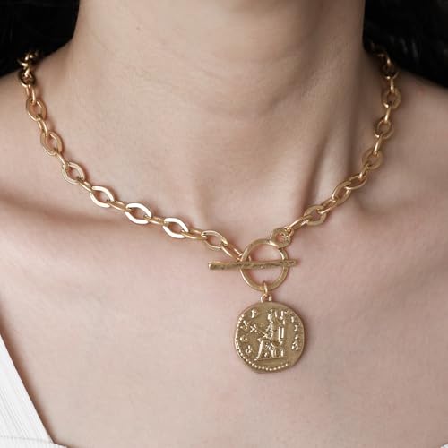 MISS SECRET Chunky Gold Necklaces for Women Coin Statement Necklace Antique Silver and Gold Chain Thick Toggle Pendant Trendy Fashion Jewelry - style: Worn Gold & Sliver-M
