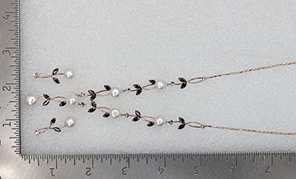 Faship Genuine Freshwater Pearls Floral Necklace Earrings Set | Premium CZ Crystal, Gorgeous, Sparkling - color: Black / Rose Gold Plated