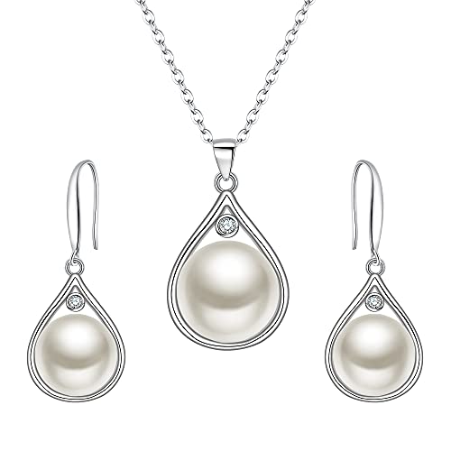 EleQueen 925 Sterling Silver CZ Freshwater Cultured Pearls Bridal Pendant Necklace Earrings Wedding Jewelry Sets, Valentine's Day/Mother's Day/Christmas Gift - style: Pearl Necklace Dangle Earrings