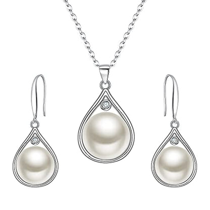 EleQueen 925 Sterling Silver CZ Freshwater Cultured Pearls Bridal Pendant Necklace Earrings Wedding Jewelry Sets, Valentine's Day/Mother's Day/Christmas Gift - style: Pearl Necklace Dangle Earrings
