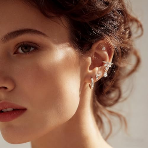 Bemoly Ear Cuff Earrings for Women 14K Gold Plated Cubic Zirconia Dangle Huggie Ear Cuffs Non Piercing | Clip On Cartilage - style: D-CZ flower-Pair