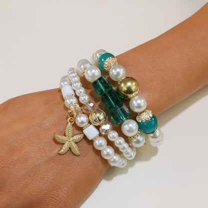 Bohemian Pearl Bracelet Set, 4 Piece Elastic Stretch Beaded Wrist Chain with Starfish Pendant, Boho Faux Pearl Multi-Color Stackable Bracelets for Women - color: Green