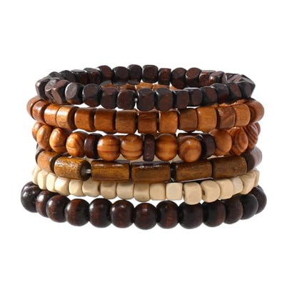 Mens Beaded Bracelets Tribal Wooden Elastic Adjustable Prayer Beads Wrap Cuff for Women - color: E: 6pcs