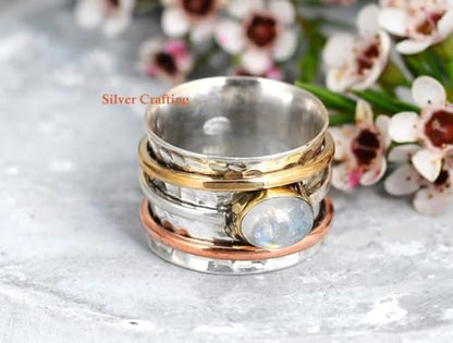 925 Sterling Silver Spinner Moonstone Ring for Women with Three Tone Fidget Rings Hammered Band Anxiety Free Meditation Ring Best Gift