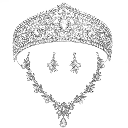 Princess Tiara Crown and Jewelry Sets for Women Wedding Rhinestone Crystal Tiaras and Crowns with Necklace Earrings Party Birthday Accessories - color: Silver White