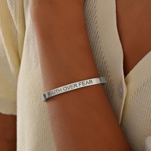 Inspirational Christian Bracelet for Women, Oval Engraved Bible Verse Love Bangle Cuff, Faith Scripture Jewelry, Religious Encouragement Gift for Mom Daughter Sister Friend - color: FAITH OVER FEAR-Oval Bangle Silver