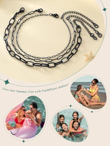 FaithHeart Waterproof Ankle Bracelets for Women, 1/2/3Pcs Non Tarnish Stainless Steel Layered Anklet Set Paperclip Figaro Cuban Link Chain Dainty Summer Beach Jewelry Gift Adjustable Size - style: d.Paperclip 3Pcs - Black
