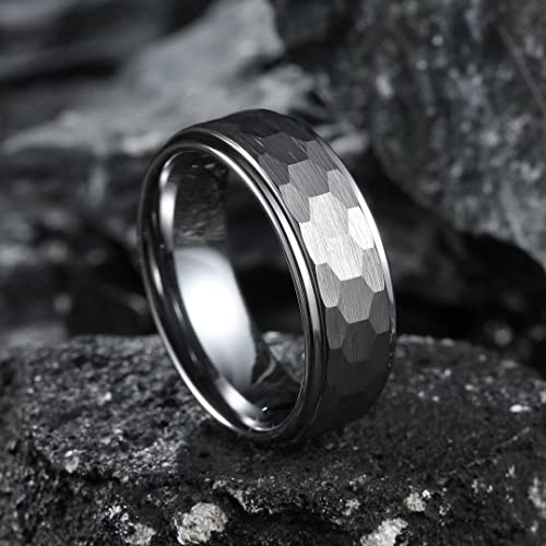 King Will Hammered 8mm Silver Tungsten Ring Hammer Men Wedding Band Comfort Fit - color: Step Edge