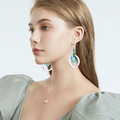 Bohemian Simplicity Acrylic Geometry Oval Circle Dangle Drop Earrings Lightweight Resin Chain Hook Earrings For Women - color: Blue White