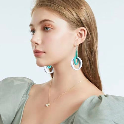 Bohemian Simplicity Acrylic Geometry Oval Circle Dangle Drop Earrings Lightweight Resin Chain Hook Earrings For Women - color: Blue White