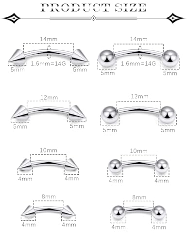 14G Snake Eyes Piercing Jewelry Tongue Curved Barbell Surgical Steel Belly Button Ring Eyebrow Piercing Jewelry Vertical Labret Lip Jewelry for Women Men Bar Length 8mm 10mm 12mm 14mm - color: 8pcs,14g,ball+spike,silvertone