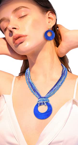 Coiris Multi Strand Statement Colorful Beaded Necklace with Big Circle Shell Pendant for Women - color: Royalblue