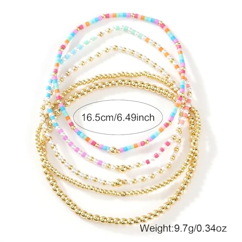 14K Gold Plated Beaded Bracelets Stack Set for Women,Stretch Boho Ball Jewelry Friendship Trendy - color: Pink