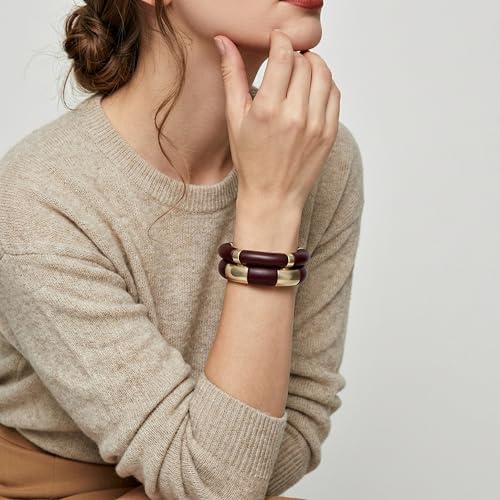 GOOJIDS Simple Beaded Gold Plated Bangles Bracelet Chunky Bamboo Tube Curved Stacking Clear Acrylic Colorful Beads Stretchable Gold Plated Bracelets Set For Women - color: T-Dark Brown 2 set