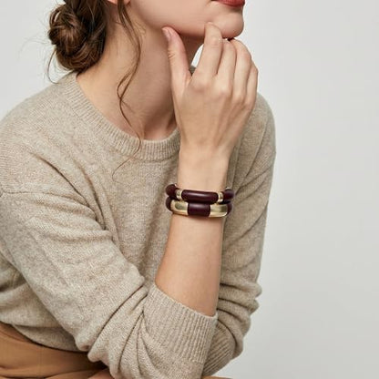 GOOJIDS Simple Beaded Gold Plated Bangles Bracelet Chunky Bamboo Tube Curved Stacking Clear Acrylic Colorful Beads Stretchable Gold Plated Bracelets Set For Women - color: T-Dark Brown 2 set