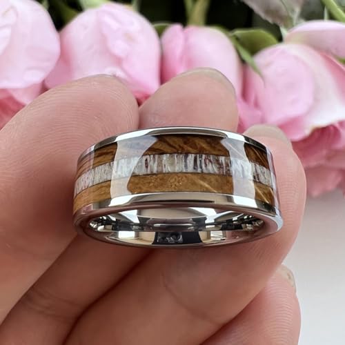 TUTISS 8mm Silver Black Tungsten Rings for Men Women Wedding Bands Whisky Barrel Wood Deer Antler Inlay Flat Polished Shiny Comfort Fit - color: 8mm Tungsten